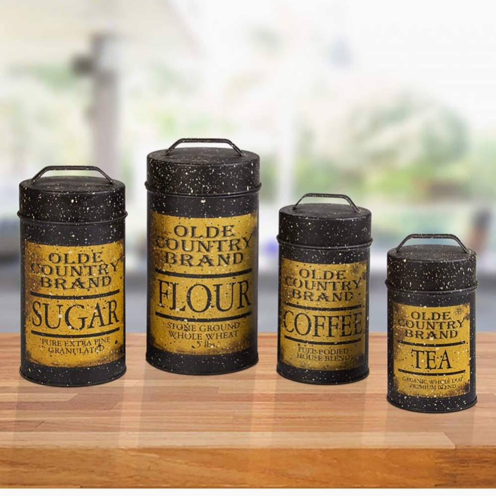 Old country food safe tin kitchen canisters